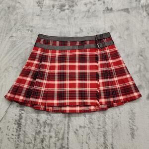 Vintage 90s DKNY Skirt Women 7 Juniors Red Plaid Pleated Double Buckle Wrap Mini